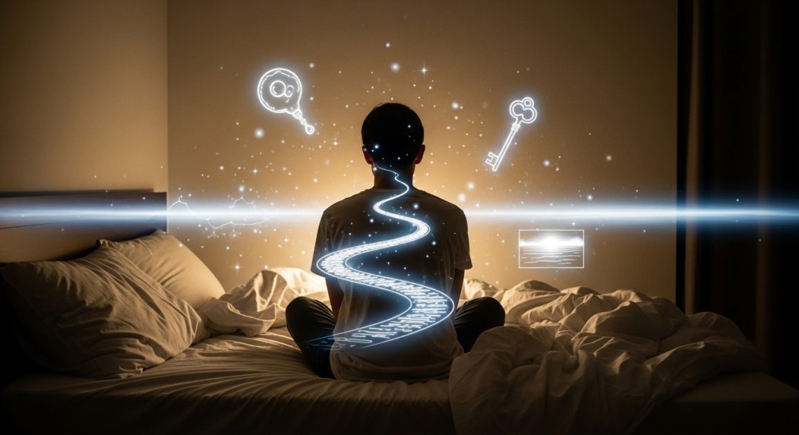 Person sitting on bed at night with glowing path and dream symbols representing inner reflection and healing