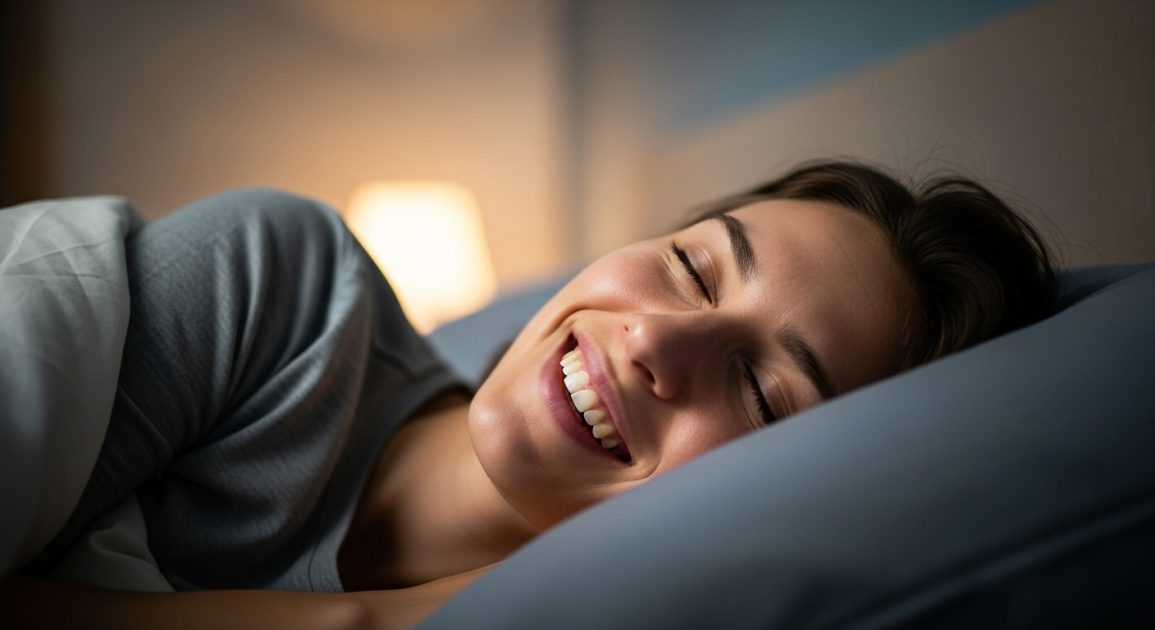 Person smiling and laughing softly while sleeping peacefully in bed at night