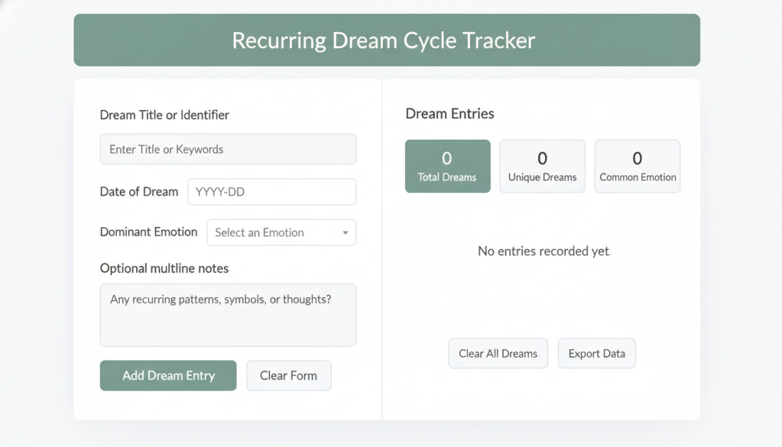 Recurring dream cycle tracker tool interface for logging dream titles, dates, emotions, and patterns