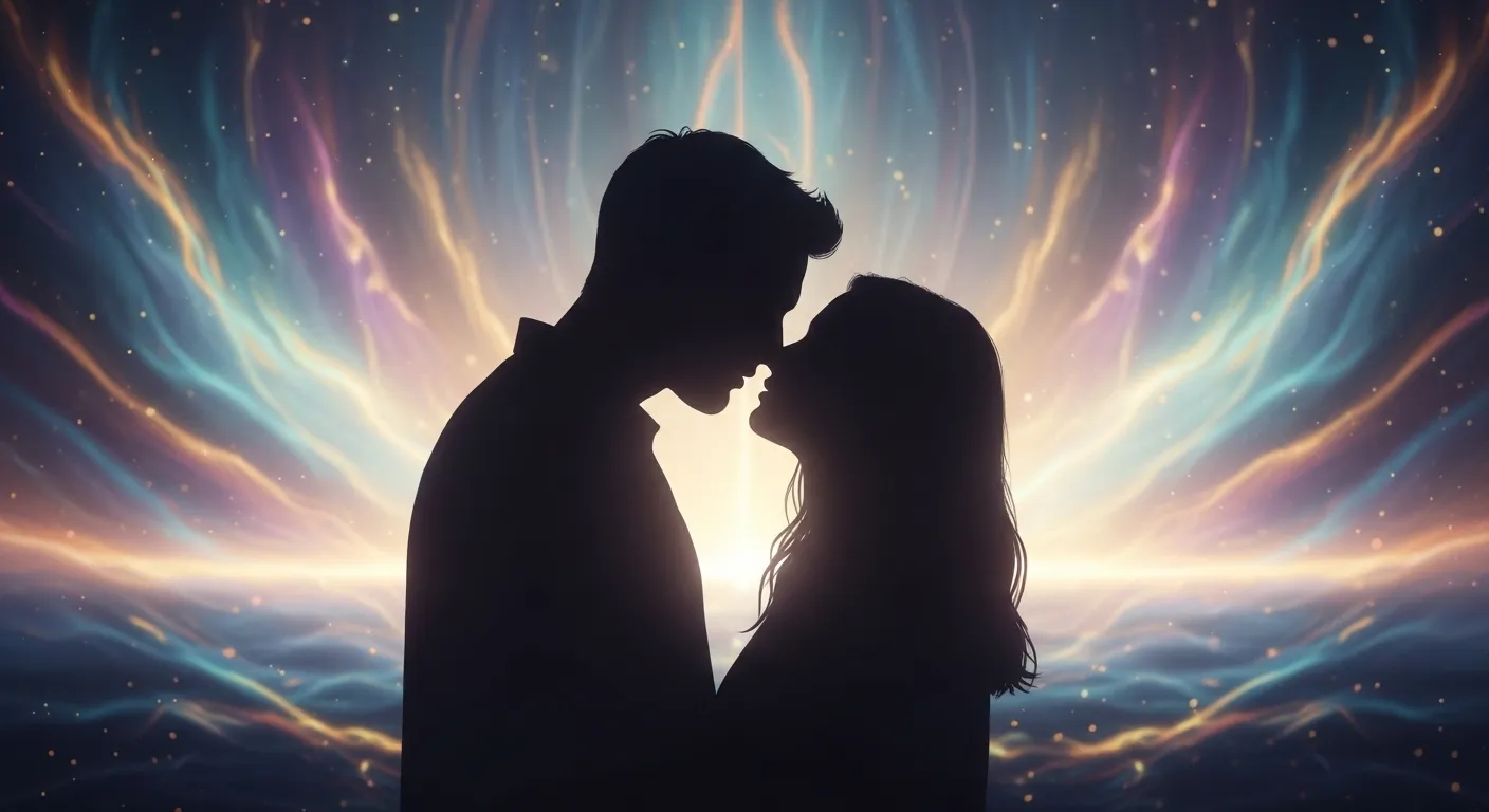 Silhouette of a couple about to kiss, set against a dreamy, colorful background symbolizing connection.