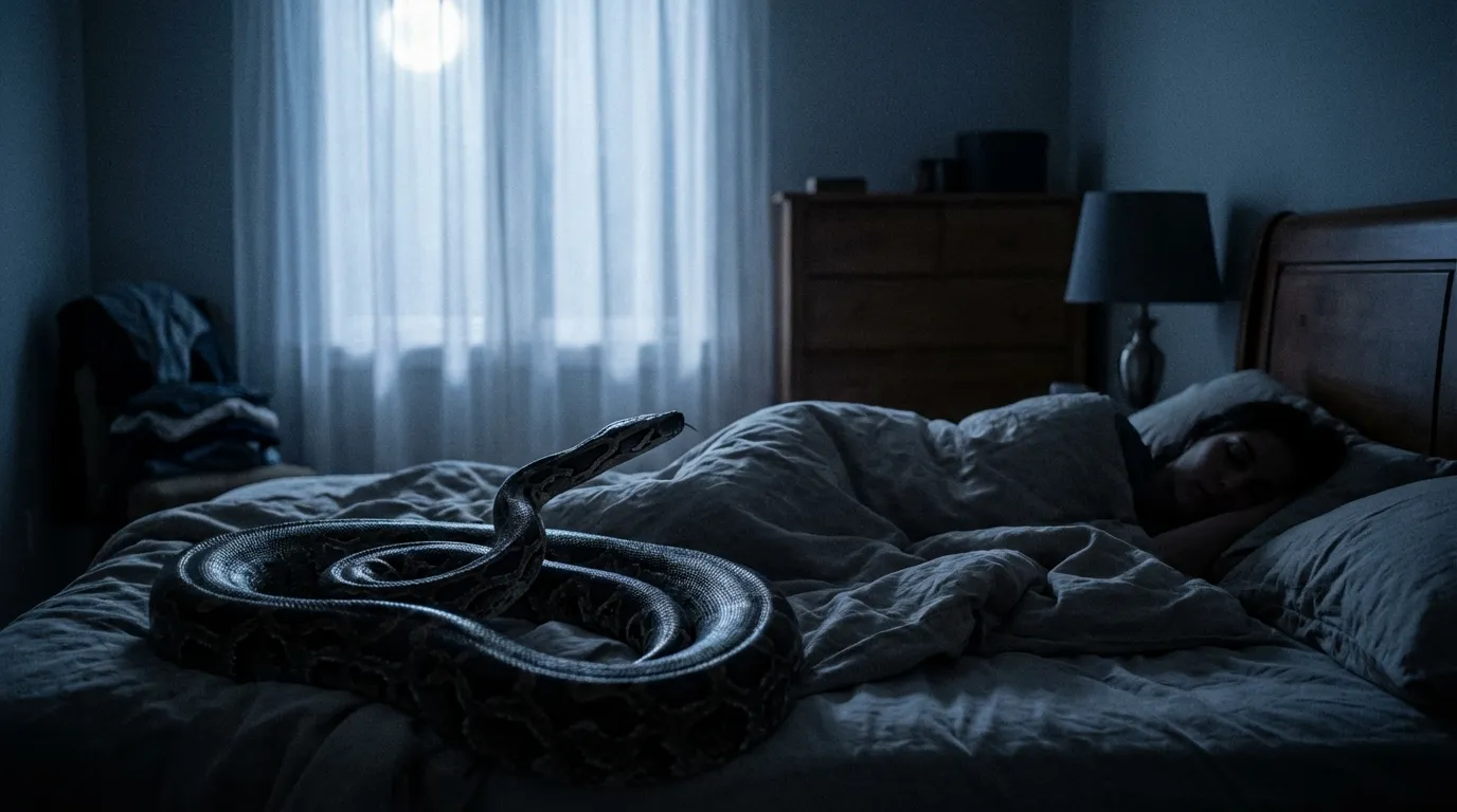 A dark bedroom with a snake coiled on a bed next to a sleeping person, illuminated by moonlight.