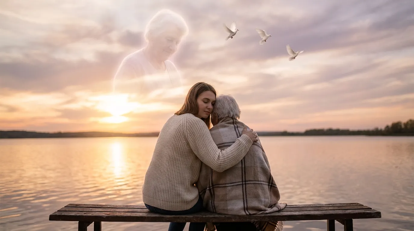 A woman embraces her elderly mother by the lake, with the mother's ethereal figure above them.