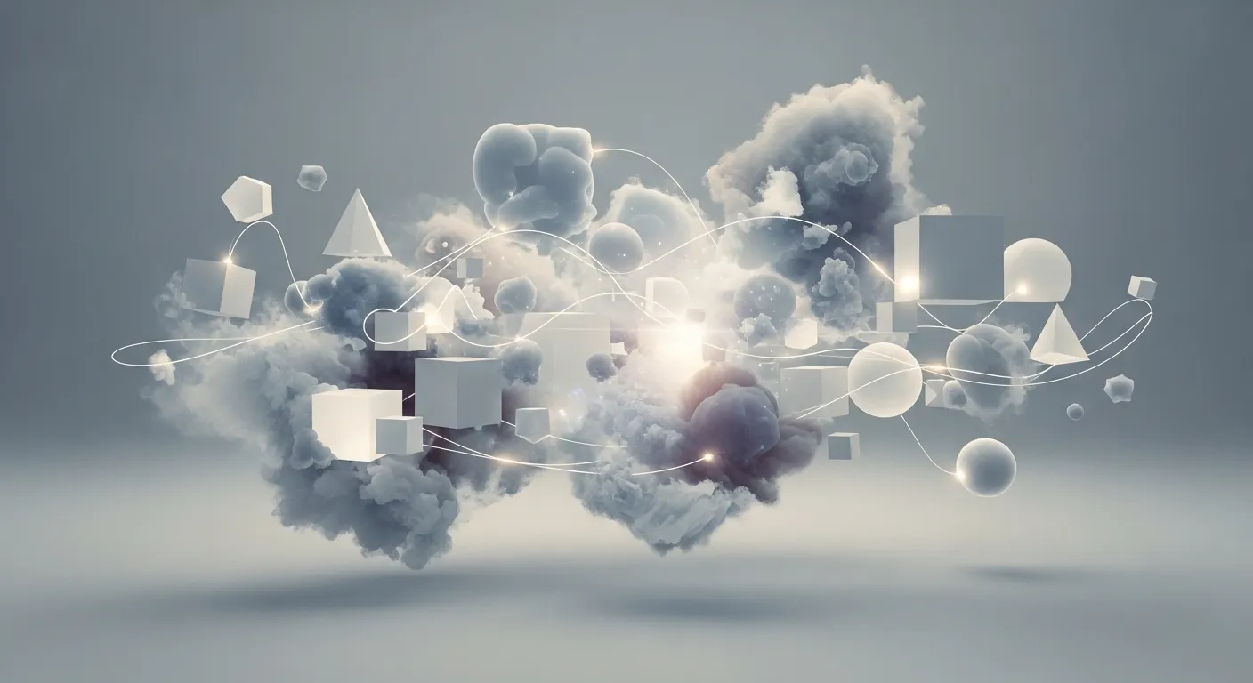 Abstract floating geometric shapes and clouds with glowing light trails, symbolizing dream states.