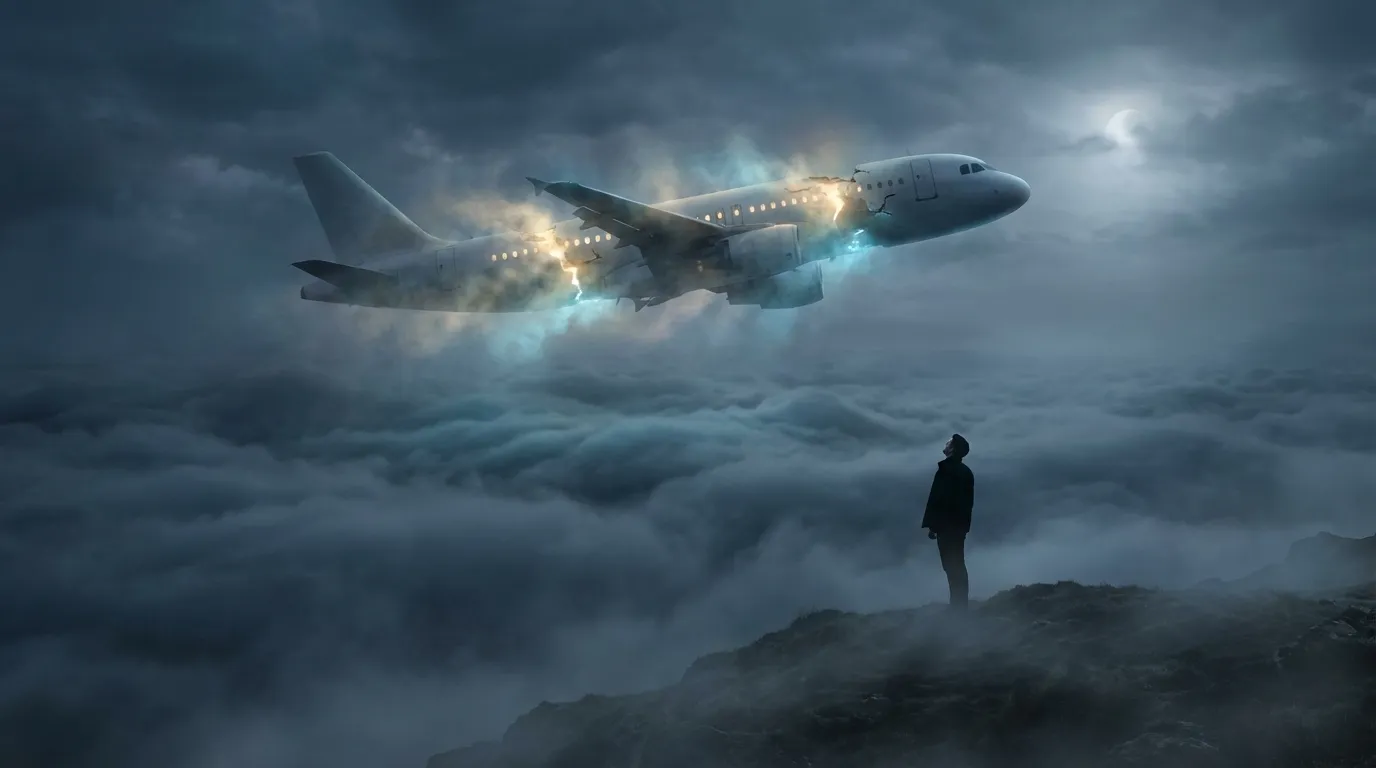 Airplane glowing midair above storm clouds as lone man watches from mountain cliff at night