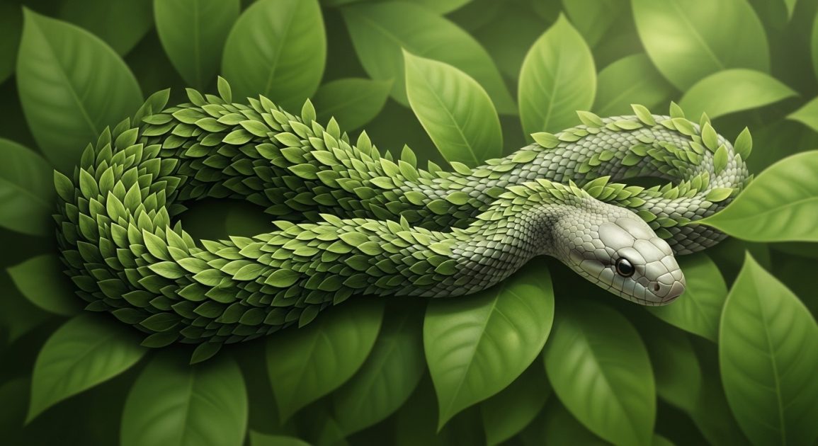 a snake is partially blending into a natural element like leaves, light, or a different harmless form