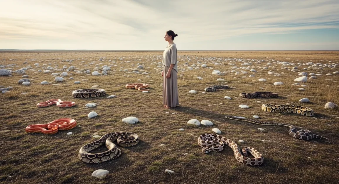A person standing still in an open outdoor space with several snakes spaced apart around them.