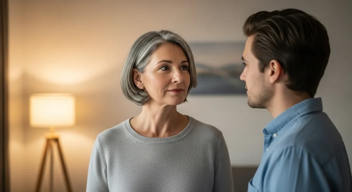 A mother standing calmly, looking directly at an adult child with a serious yet caring expression.