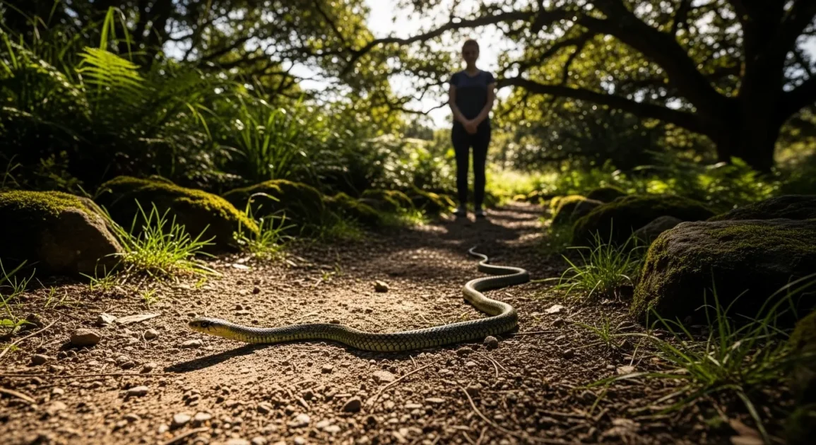 a snake is slowly moving across the ground from one side to the other.