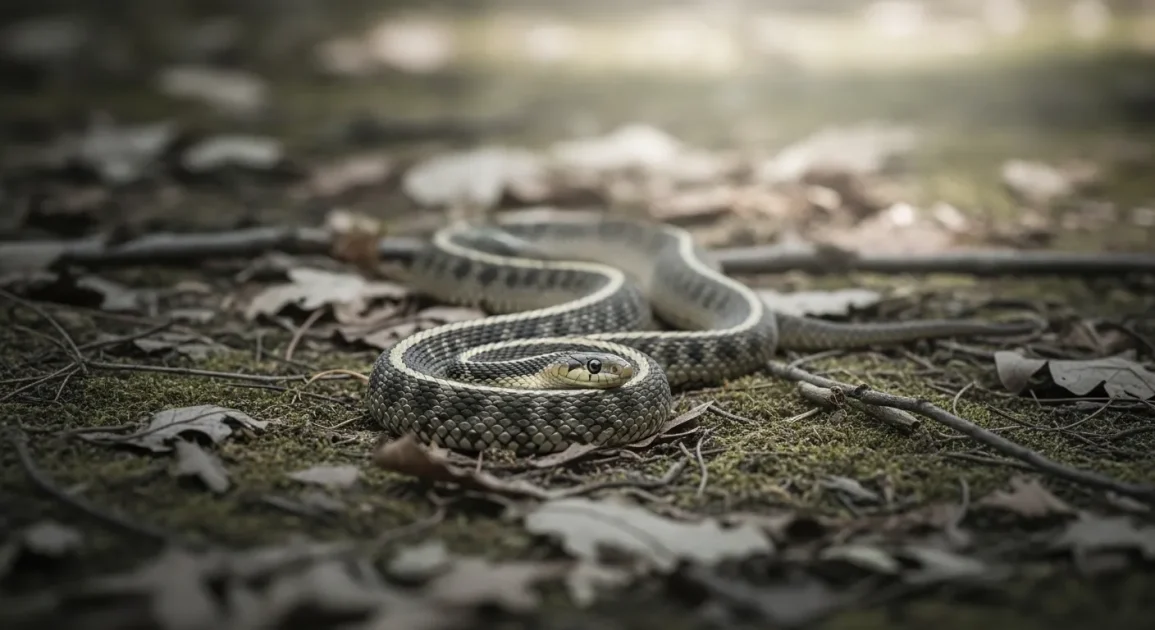 A still image of a snake lying motionless on the ground in a natural setting.