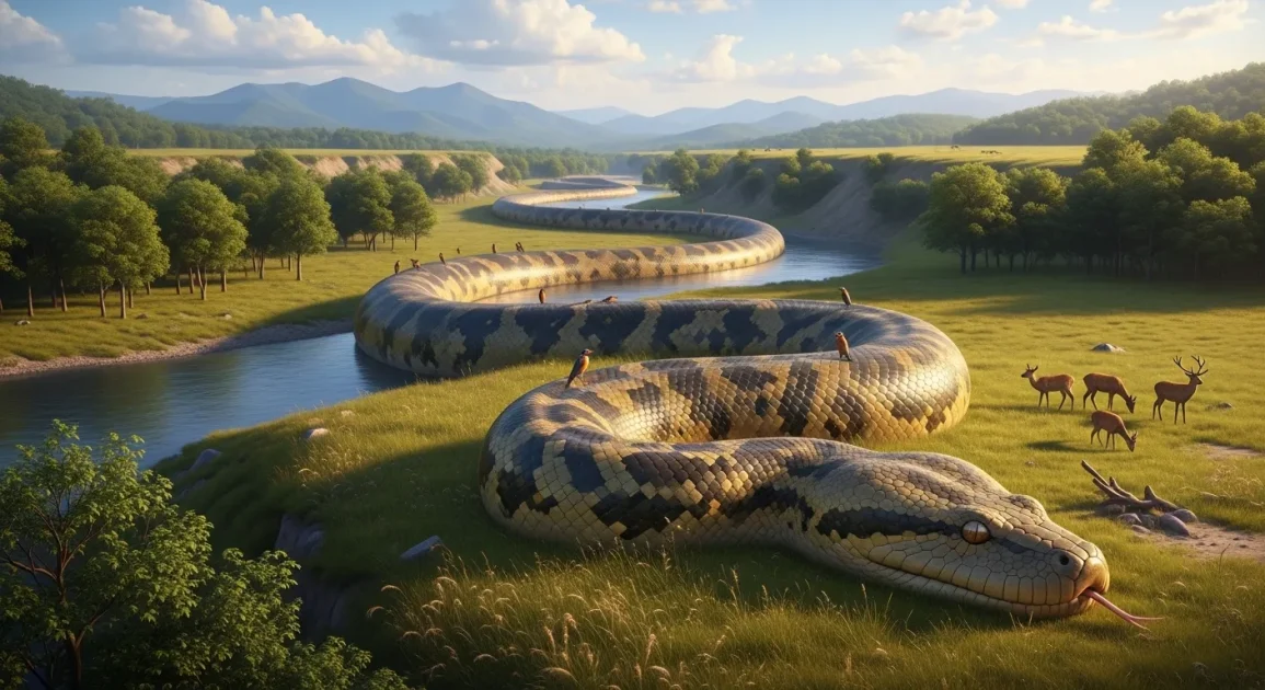 a large snake resting peacefully in nature, emphasizing scale without fear.