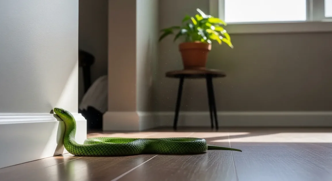 A simple home interior with a snake resting quietly on the floor near a wall.