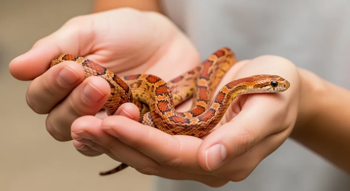 A person gently holding a small snake with both hands in a calm and controlled manner.