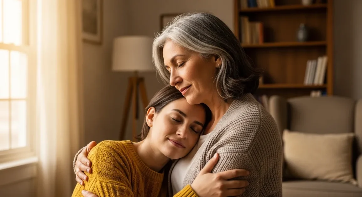 A warm embrace between a mother and adult child in a softly lit room.
