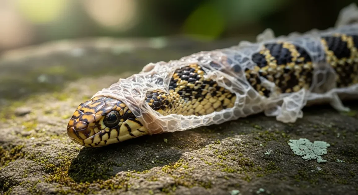 A close-up of a snake shedding its skin on a rock in a natural environment.