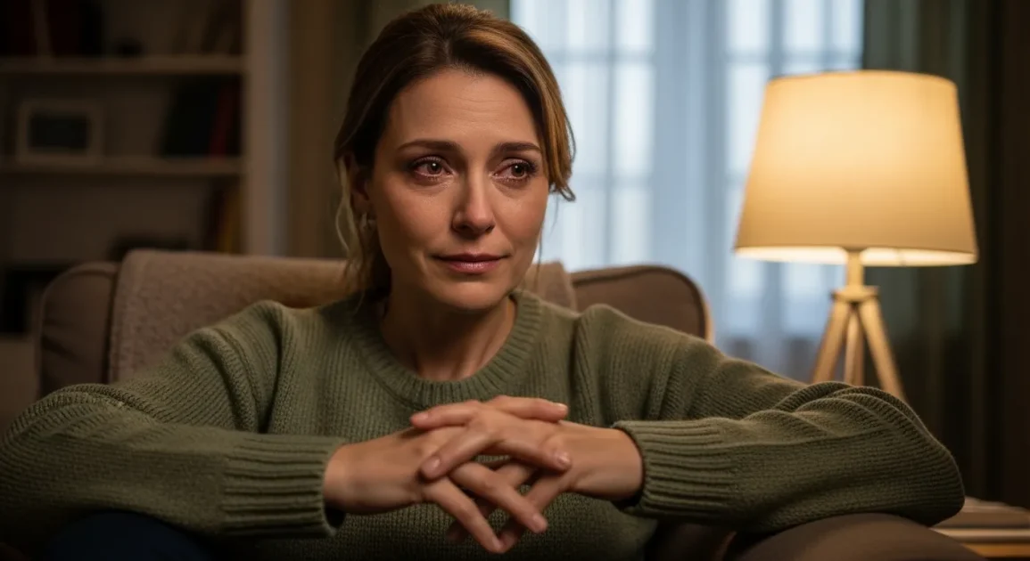 A mother sitting quietly with a thoughtful, emotional expression, eyes slightly teary but composed.