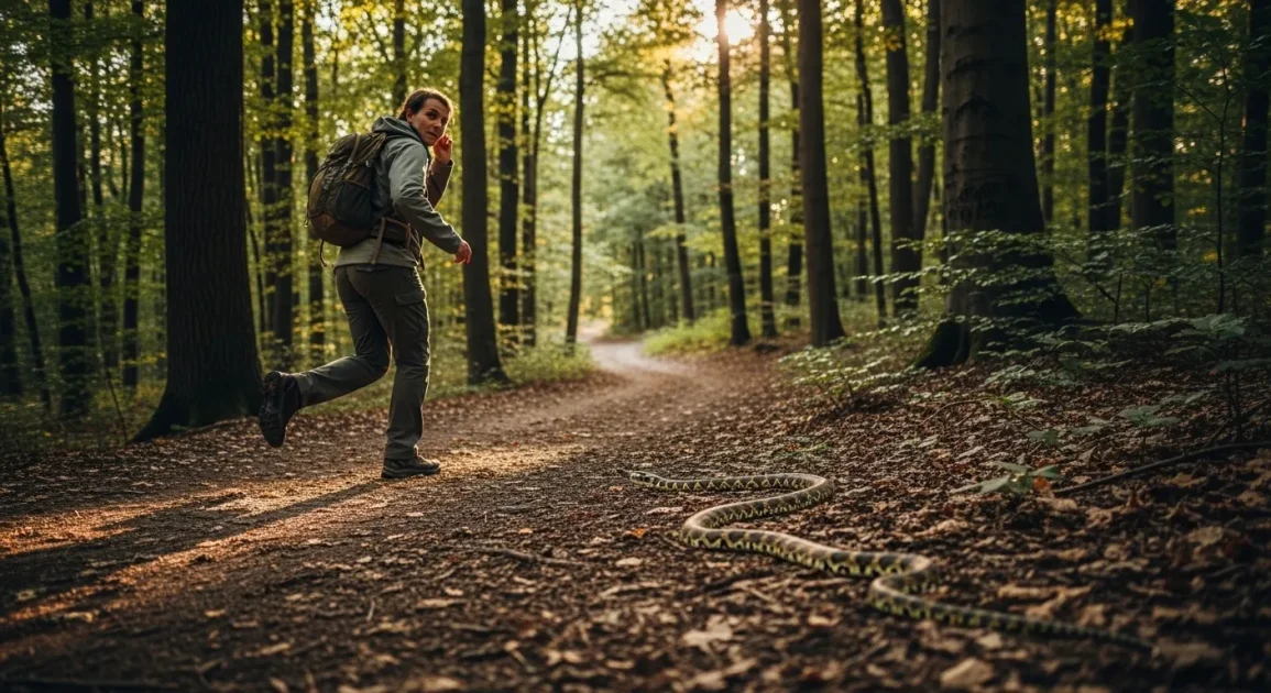 A person walking quickly along a forest path while a snake is visible behind at a safe distance.