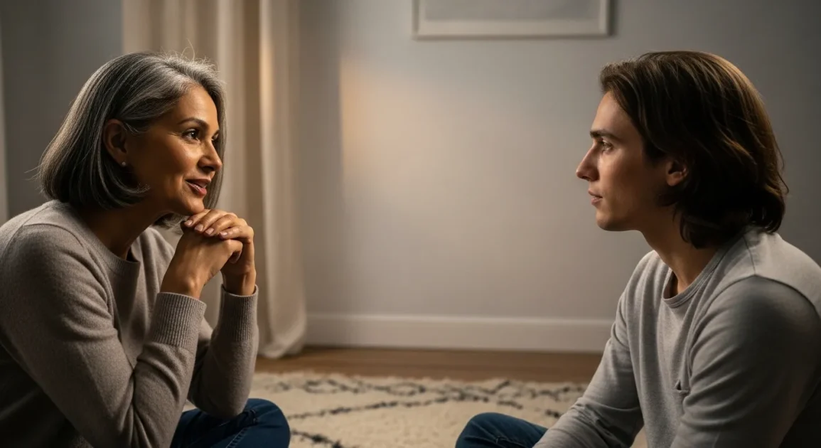 A mother and adult child sitting together in a quiet room, engaged in a calm conversation.
