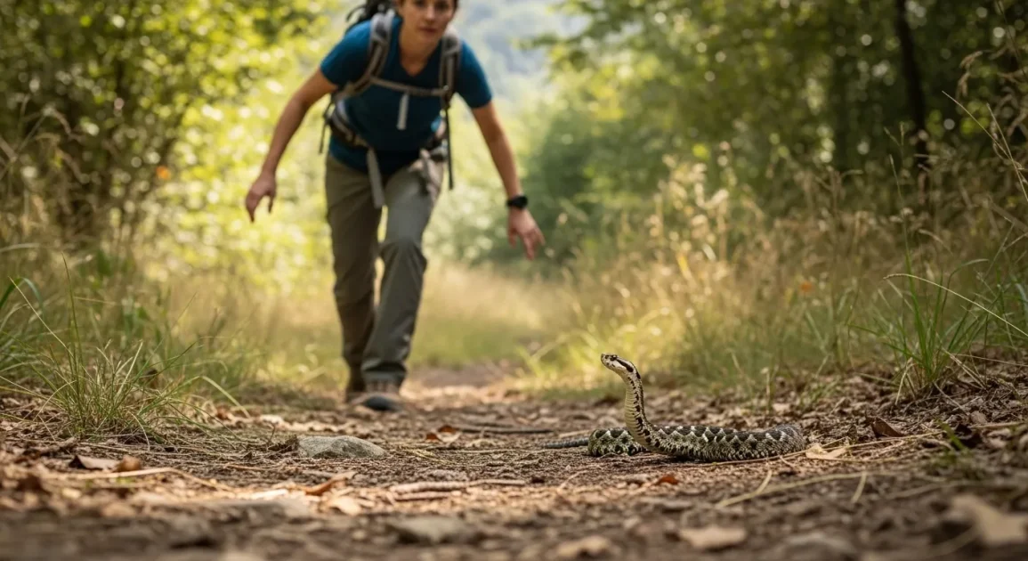 A realistic scene of a person stepping back as a snake raises its head defensively at a distance