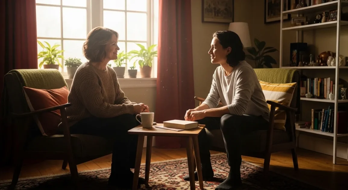 A warm, softly lit scene of a mother smiling gently at an adult child in a cozy home setting.