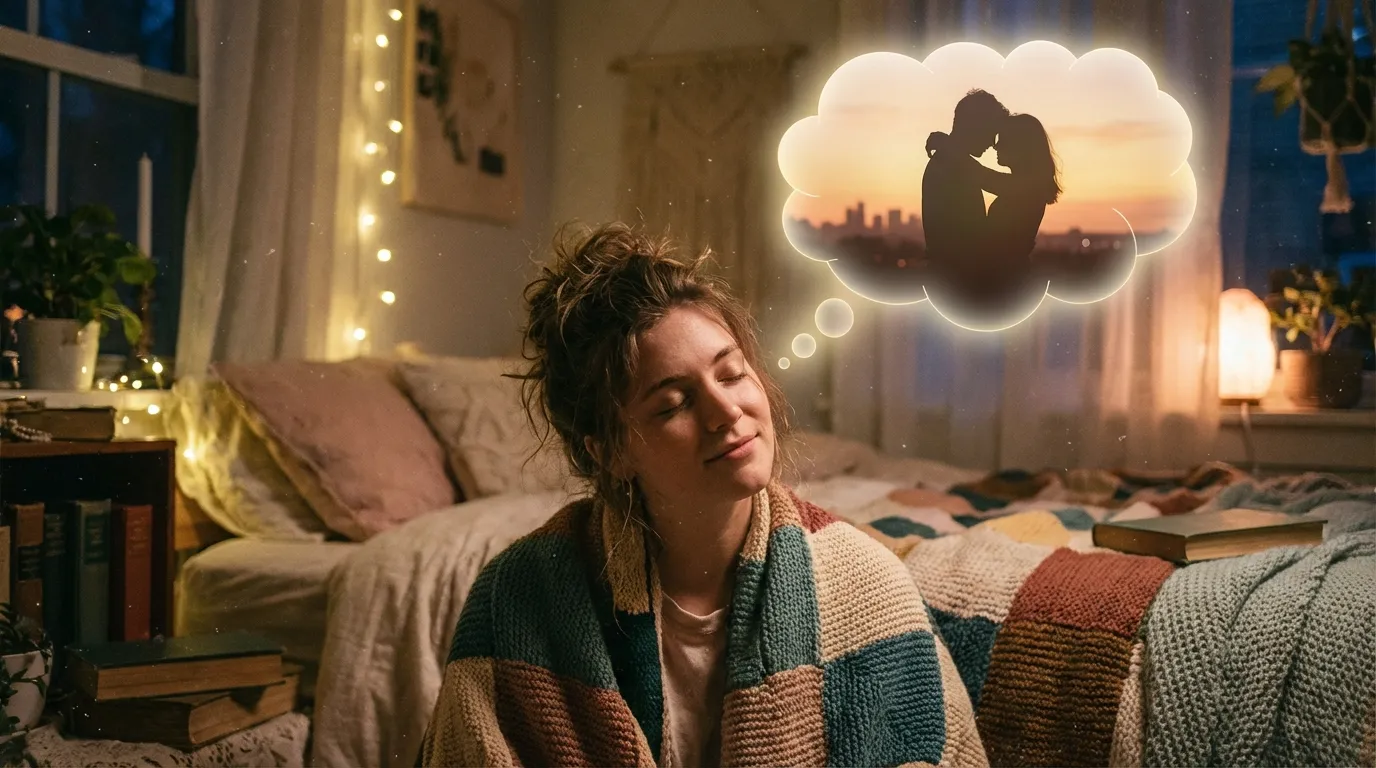 Person smiling in bed imagining a romantic moment with their crush in a glowing dream bubble at night