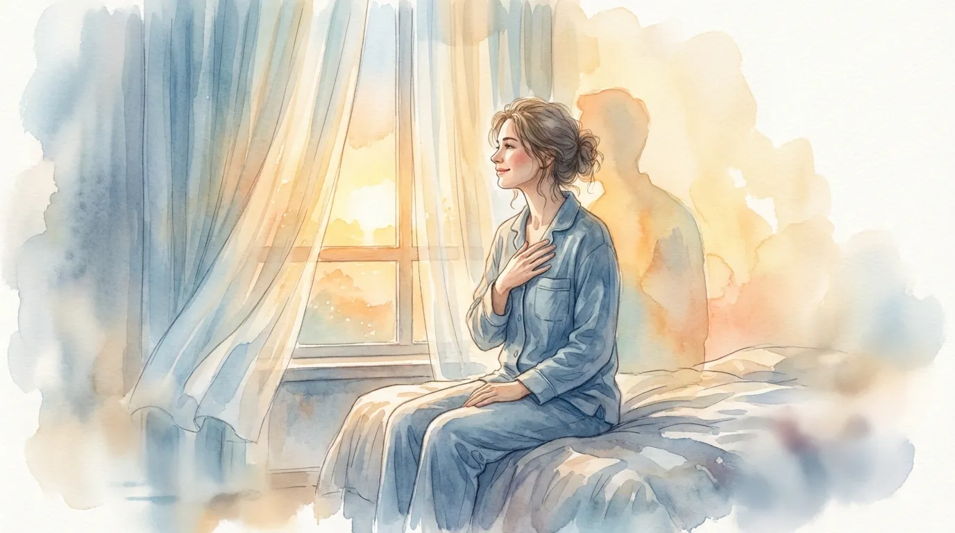 Woman in pajamas sitting by window at sunrise, hand on chest, reflecting in calm morning light