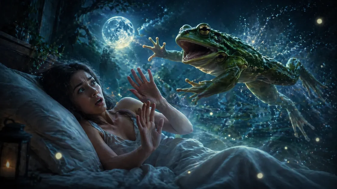A frightened dreamer faces an attacking frog, symbolizing fear, pressure, and resisted change.