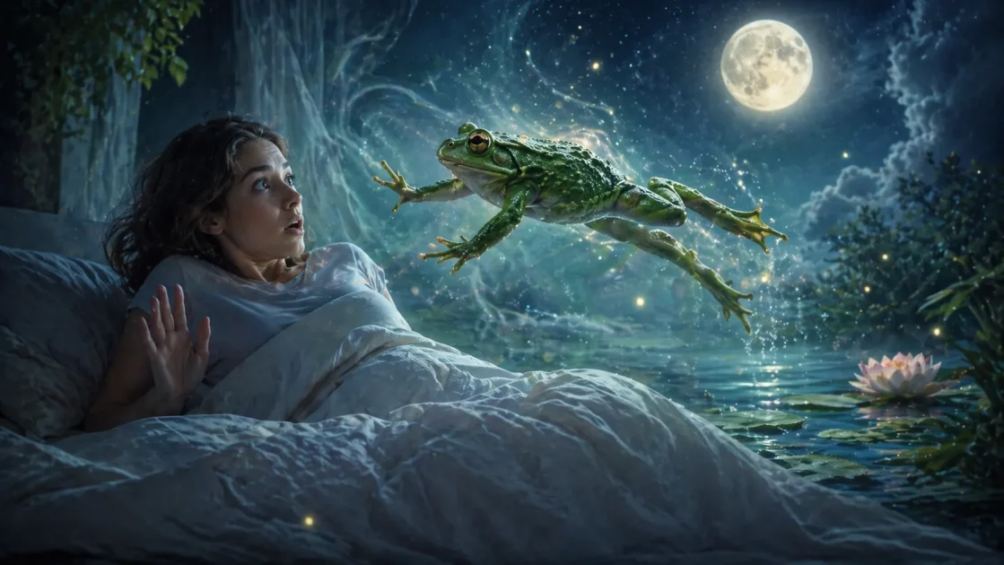 A startled dreamer recoils as a green frog leaps toward her, symbolizing sudden change.