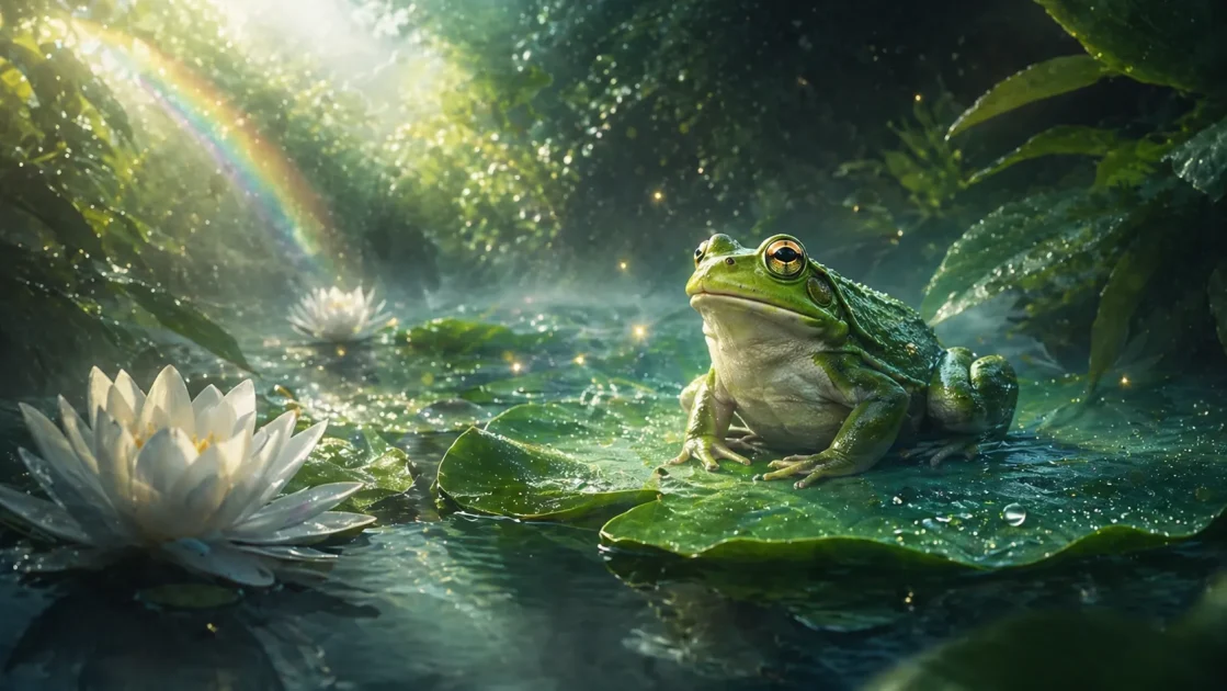 Bright green frog on a lily pad in a glowing pond, symbolizing growth, healing, and renewal.