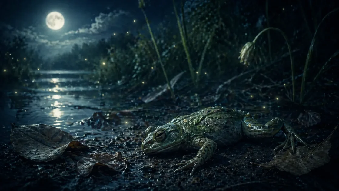 Dead frog on a muddy moonlit shore, symbolizing endings, loss, and a completed life season.
