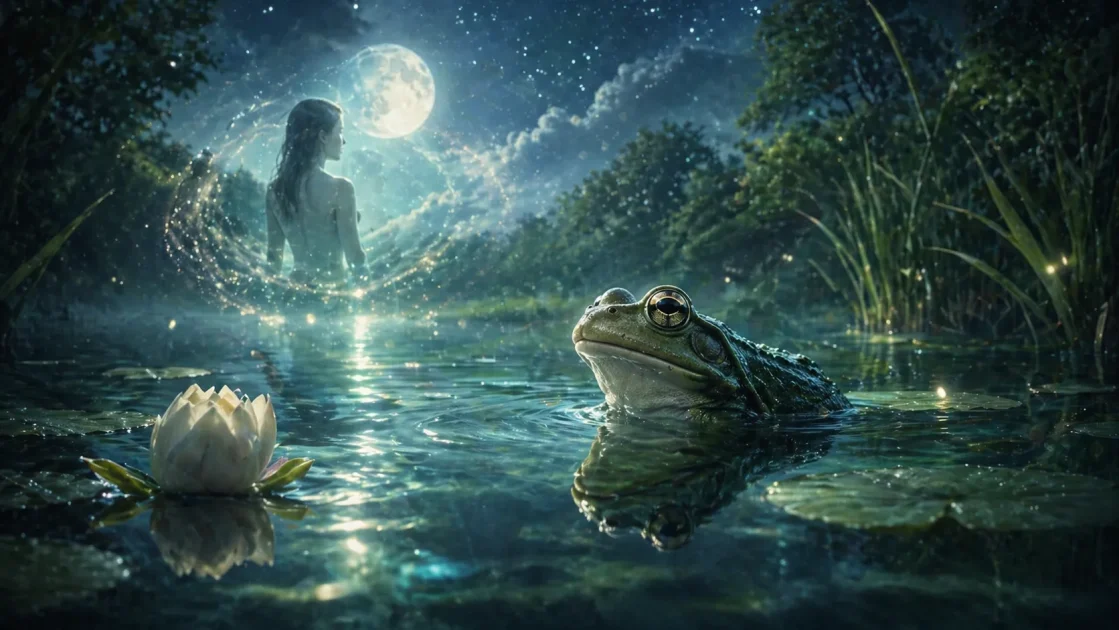 Green frog floating in calm water under moonlight, symbolizing emotions and inner change.