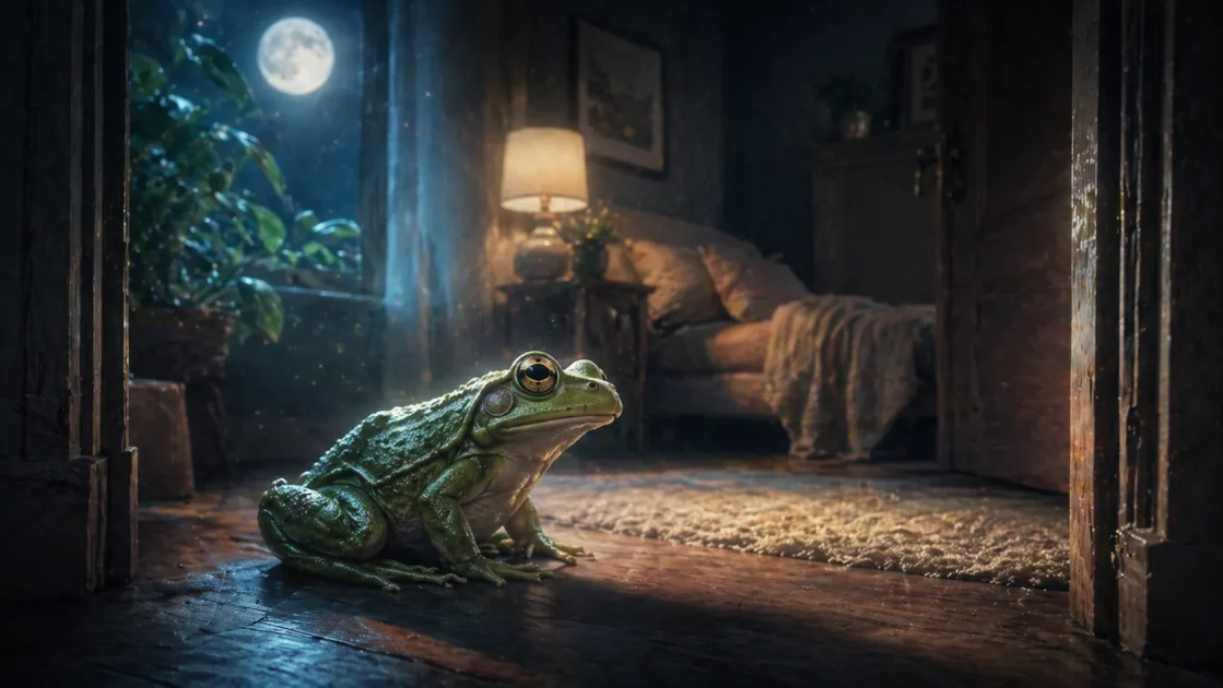 Green frog inside a moonlit home, representing personal change entering a private space.