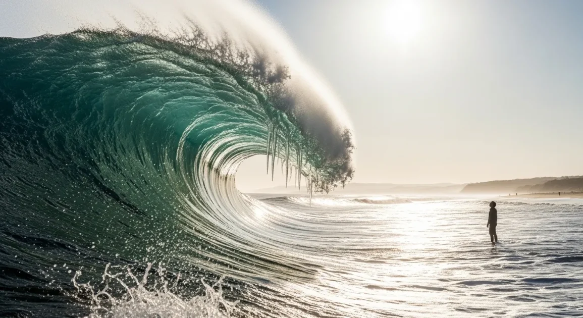 A large ocean wave rising but appearing to pause before reaching the shore.