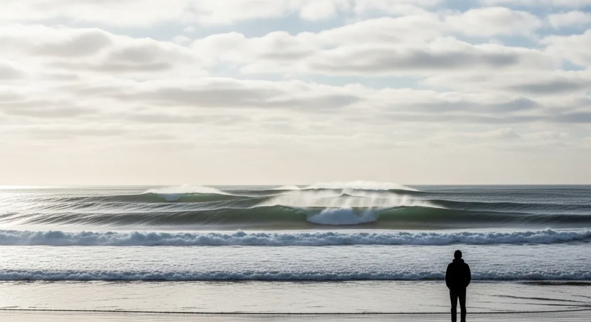 A sequence of ocean waves rolling steadily toward the shore under a cloudy sky.