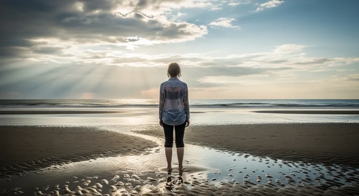 A person standing on a shoreline after a wave has passed, wet but steady, looking toward the calm sea.