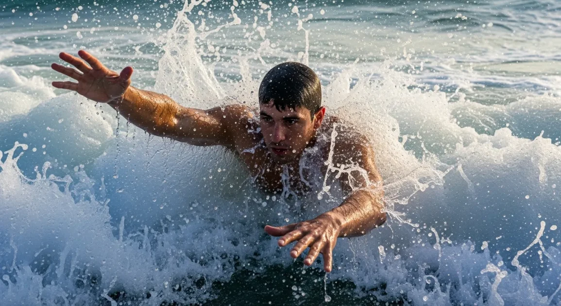 A person partially submerged in ocean water with waves splashing around them