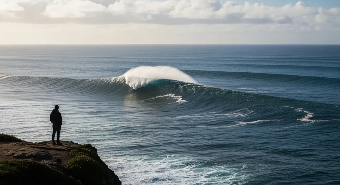 A wide coastal landscape showing a massive wave forming far out in the ocean