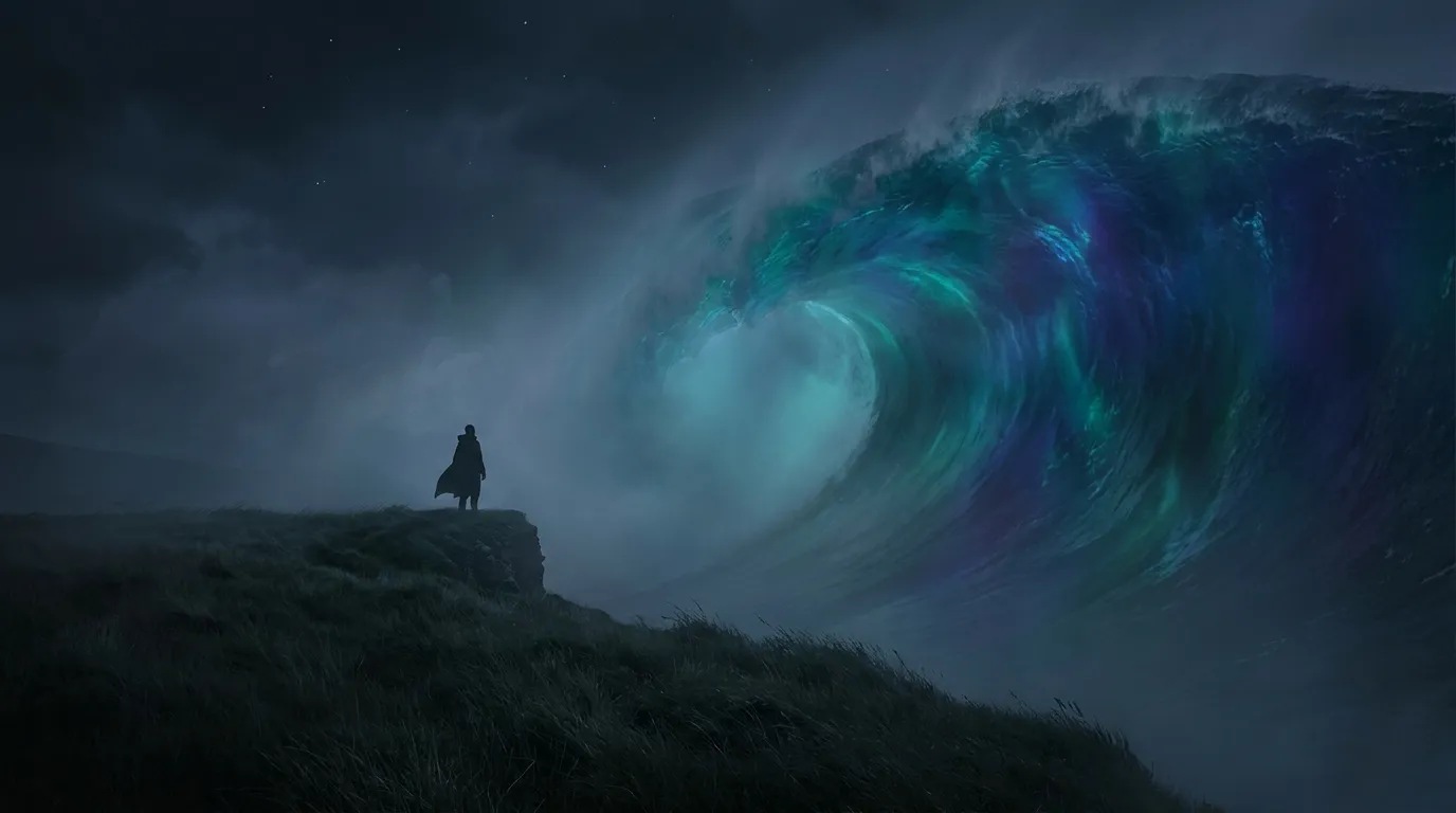 Lone figure on cliff facing a massive glowing ocean wave under dark night sky, surreal and dramatic scene