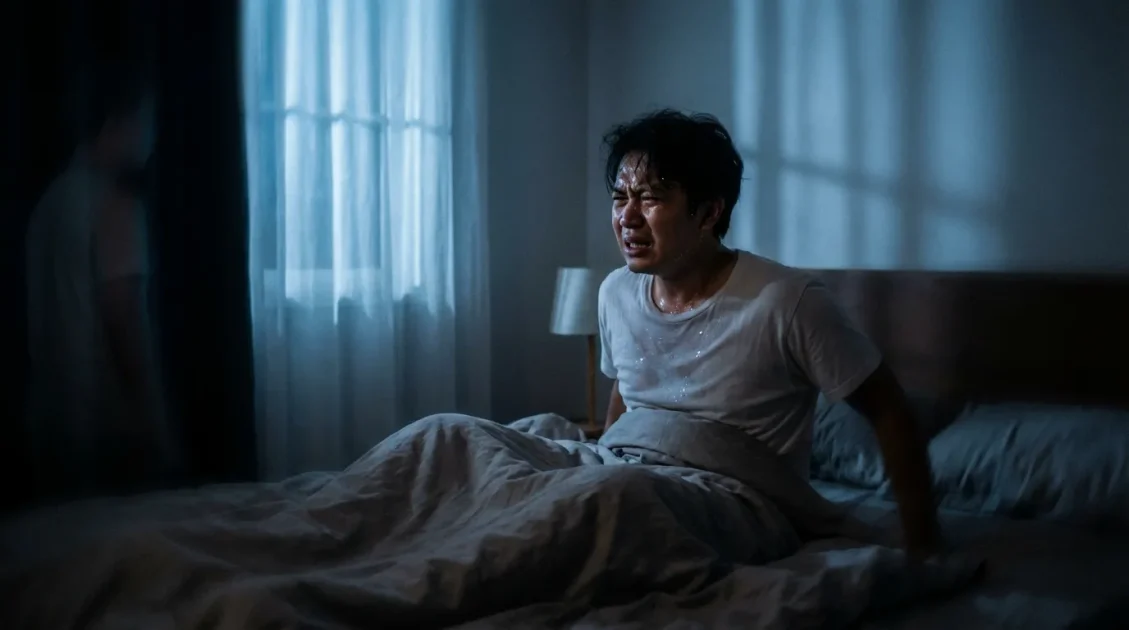 Man wakes up distressed in bed at night, sweating and anxious after a vivid, emotional dream