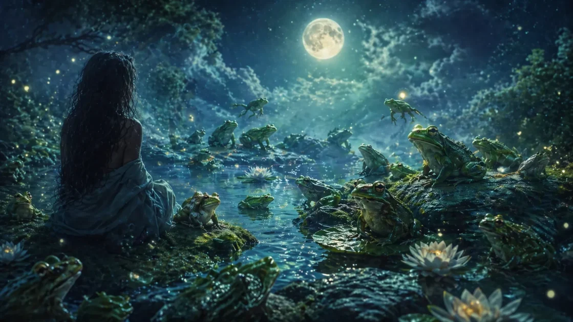 Many frogs gather in a moonlit pond, symbolizing abundance, many emotions, and life changes.