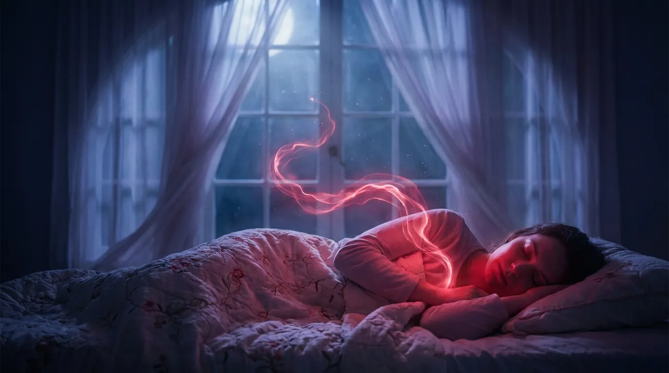 Person sleeping peacefully in bed with glowing energy flowing from body, symbolizing dreams and spiritual awakening