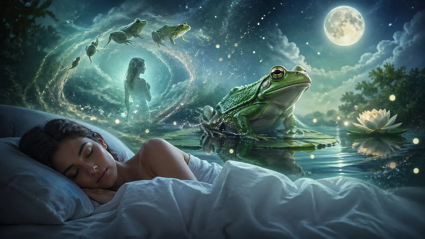 Sleeping woman dreams of a green frog on a lily pad under moonlight, symbolizing renewal.