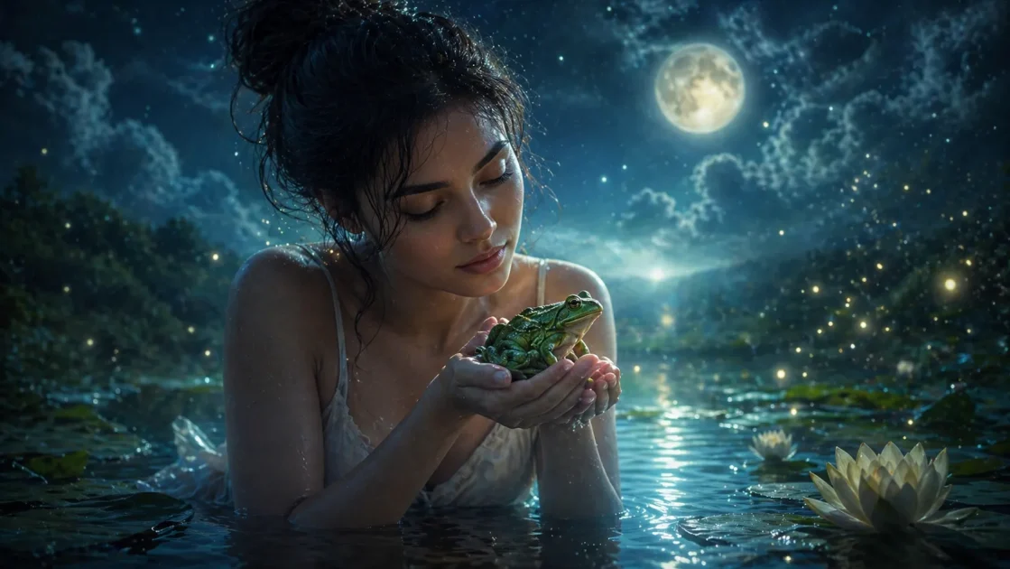 Woman gently cups a small frog in moonlit water, symbolizing careful growth and change.