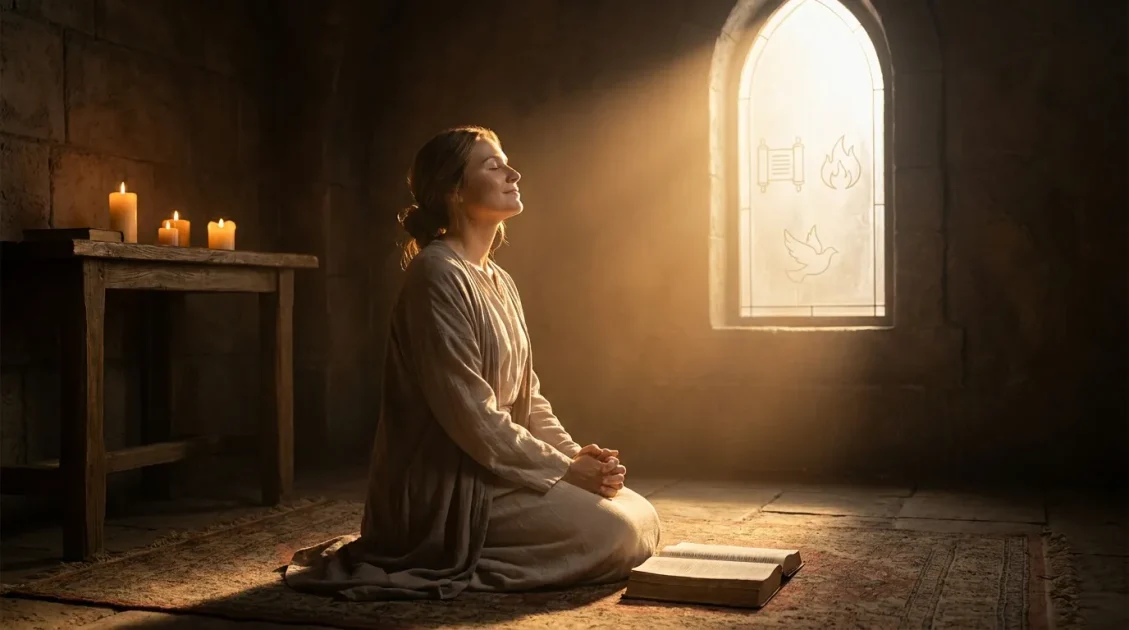 Woman kneeling in prayer beside Bible in softly lit room, candles glowing, sunlight through window with dove symbol