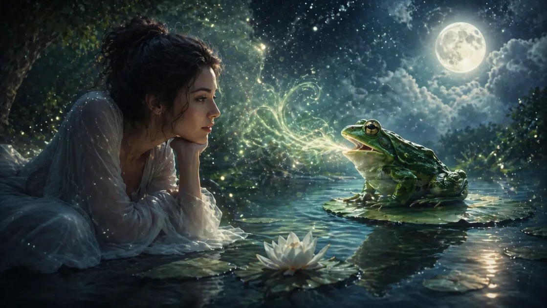 Woman listening to a glowing talking frog by moonlight, symbolizing inner wisdom and guidance.