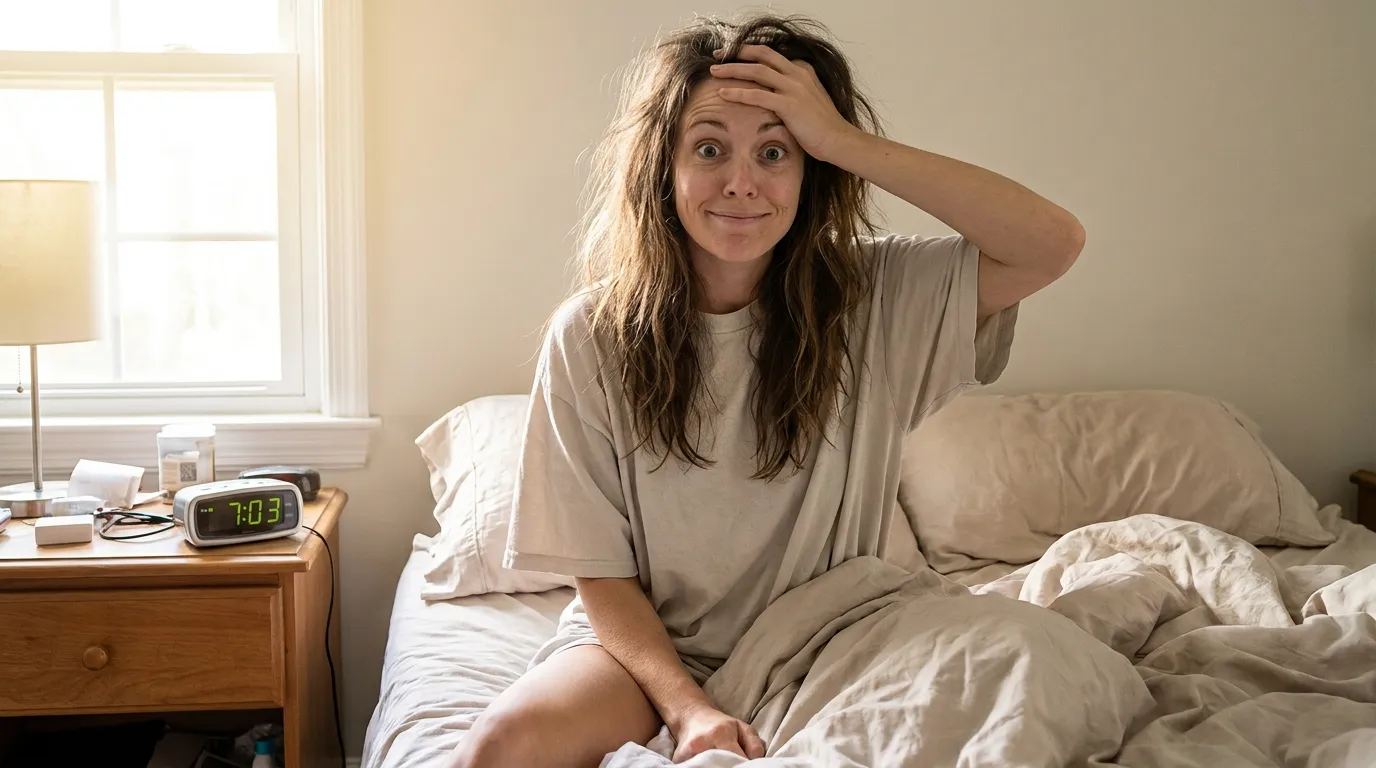 Woman sitting in bed looking surprised after waking from a dream, messy hair, morning light, clock beside her