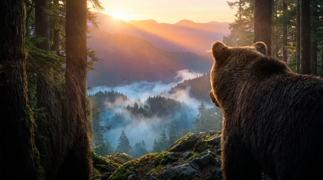 Bear overlooking a misty mountain valley at sunrise from a forest ridge