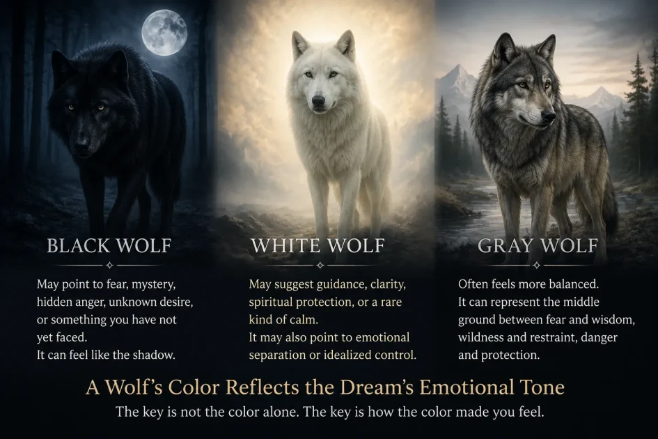 Black, white, and gray wolves in a misty forest showing fear, guidance, and balance in dreams.
