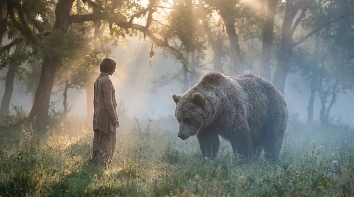 Calm bear meeting a person in a peaceful meadow filled with morning mist