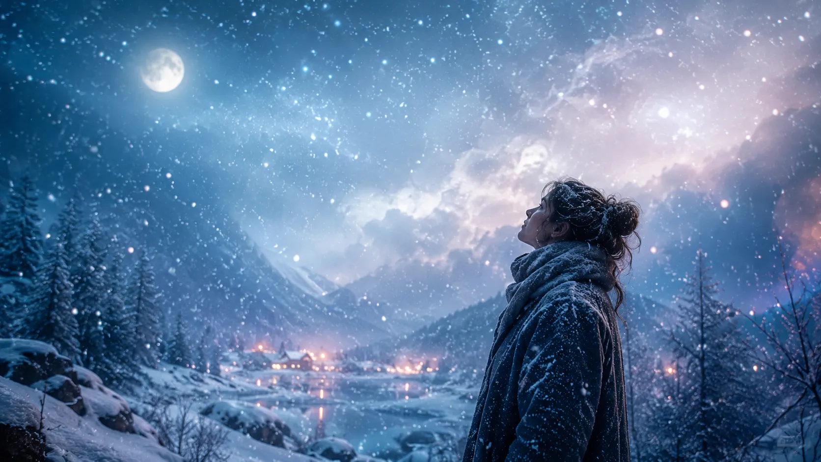 Dreamer standing under falling snow in a moonlit winter landscape, reflecting on inner meaning.