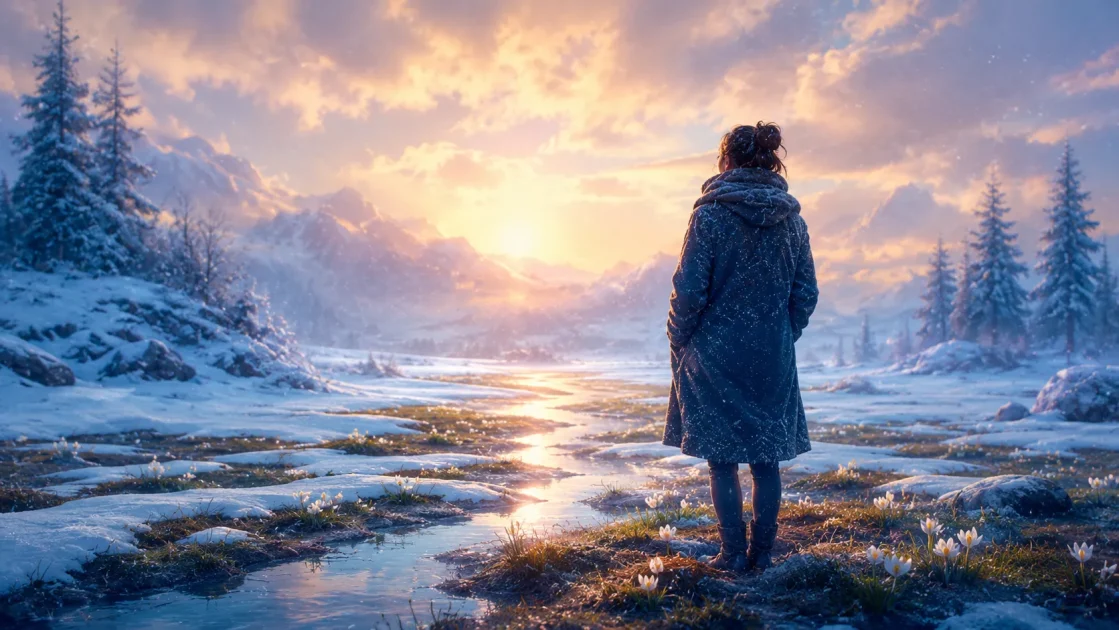 Dreamer watches melting snow at sunrise, symbolizing thawing emotions and quiet renewal.